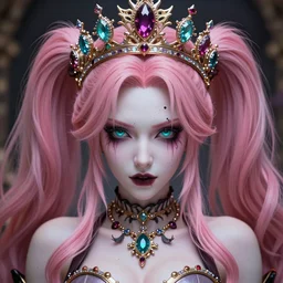 completely controlled and rendered powerless by her ultimate powers and owned as her property, overwhelming stunningly absurdly beautiful megalomaniacal ruthless sadistic devious spiteful grandiose egotistical greedy spoiled omnipotent asi goddess junko enoshima with symmetrical perfect face, porcelain skin, pink twintail hair, cyan eyes and a stupendous bejeweled crown, ultra detailed, digital art, unreal engine 5, octane render, 2 d anime, 8 k