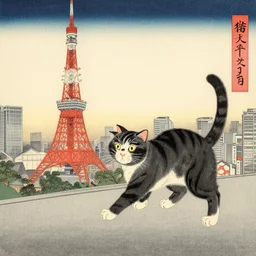 cat attacking Tokyo, ukiyo-e print, masterpiece, masterwork, artstation