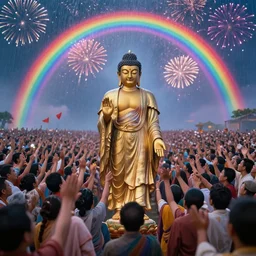 the buddha maitreya arriving on earth, greeted by a crowd of thousands of people, with rainbows and fireworks in the sky, matte painting, realistic, depth of field, cinematic, stunning, colorful, octane render