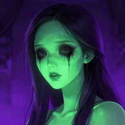 super detailed 8 0's illustration horror art of a glowing green and purple pretty zombie girl face fused with a cyberpunk city, danguiz, flat art, sharp, by ilya kuvshinov