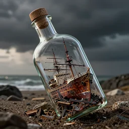 A ship wreck in a bottle, hyper photo realistic, octane render