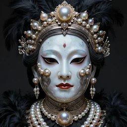 hyperrealism, detailed textures, award winning autochrome photo, symetrical japanese pearl, beautiful animal pearl photo queen portrait, autochrome pearl portrait, pearls, black feathers, silverplate, intricate, detailed facial pearl scary animal mask, pearl, golden jewelery, silverplate, ultra realistic, cinematic, intricate, by steve mccurry, unreal engine 8 k