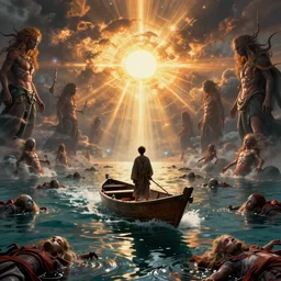 :man on boat crossing a body of water in hell with bodies in the water, sea of souls