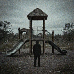 an abandon playground with a tall dark figure standing infront of it, liminal, dark, highly detailed,