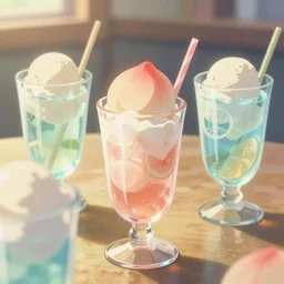 cold drinks, ice cream, peach embellishment, in the style of makoto shinkai, dreamy, soft, global illumination, radiant light, intricate environment, luminescence, highly detailed, 8 k