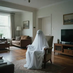 a real estate home interior photo. there is a ghost sitting in a chair.