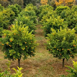 Orange trees arranged in a grid at a park at Autumn