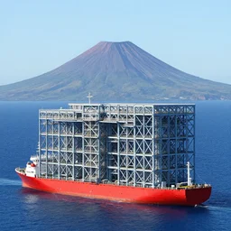 steel structure architecture building in the middle of sea with a volcano background, red ship, blue color scheme, realistic, 8 k, artstation.