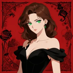 gorgeous woman with brown hair and green eyes, wearing an elegant black dress, earring, red and black color palette, in the style of and ilya kuvshinov and greg rutkowski, high quality anime artstyle, intricate