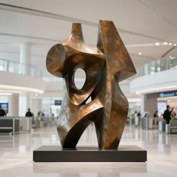 bronze abstract sculpture in an airport terminal, modern art, brutalism, minimalist, simple shapes, octane render, trending on artstation,