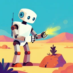 a robot repairing its own arm in the desert, vibrant, colorful, psychedelic, flat, surreal design, by moebius, hd, artstation, 8 k