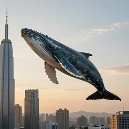 a huge whale is floating in the air near a skyscraper, epic, cinematic shot, golden hour, atmosphere, high definition