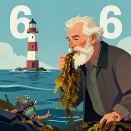 old man and the sea, seaweed in his beard, a marine creature grabs a lighthouse in the background, 6 0'space poster illustration, grain