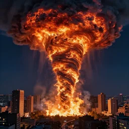 destructive fire tornado in the city, photorealistic, highly detailed, sharp focus, vivid, colorful, symmetrical, random, convoluted, mind - blowing, creative, fully functional, end of the world, physics defying, amazing, global warming, night sky