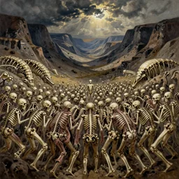 amazing concept painting, by Jessica Rossier and HR giger and Beksinski, prophecy, hallucination, the middle of a valley; it was full of bones,  bones that were very dry, there was a noise, a rattling sound, and the bones came together, bone to bone , I looked, and tendons and flesh appeared on them and skin covered them, but there was no breath in them and breath entered them, they came to life and stood up on their feet a vast army