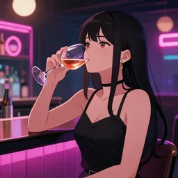 anime girl drinking wine from a neon bar