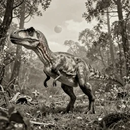 hyper realistic vintage photograph of a real scientifically accurate velociraptor in a forest, ultra detailed, grain, old, monochrome, sepia toned, realistic lighting, wide angle, prehistoric planet, jurassic park