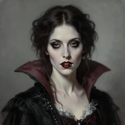 head and shoulder professional portrait of a victorian female vampire, painted in the style of bloodborne, muted colors, vampire fashion, highly detailed, melancholy, vampire teeth