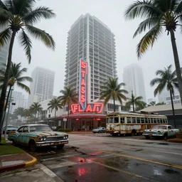 low wide angle shot of dilapidated fallout 5 miami, tropical coastal city, desolate, dilapidated neon signs, few rusted retro futuristic vintage parked vehicles like cars, buses, trucks, trams, volumetric lighting, photorealistic, foggy, rain daytime, autumn, overcast weather, sharp focus, ultra detailed, 4 0 0 0 k