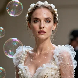 nathalie portman wearing a risque outfit made from soap bubbles, female beauty, half body portrait, greg kutkowski, sharp details, soft lighting, subsurface scattering, pearls of sweat, glistening skin, warm lighting