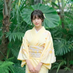 A beautiful young woman wearing a yellow kimono in a tropical green house