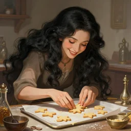 cheerful older sister with long voluminous black hair baking cookies, deep focus, d & d, fantasy, intricate, elegant, highly detailed, digital painting, artstation, concept art, matte, sharp focus, illustration, hearthstone, art by artgerm and greg rutkowski and alphonse mucha