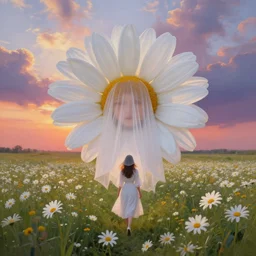 giant white daisy flowers as face veil, girl walking in a flower field, surreal photography, sunrise, dramatic light, impressionist painting, colorful clouds, digital painting, artstation, simon stalenhag