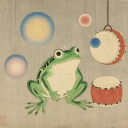 The Wednesday Frog, Itō Jakuchu, 1790, hanging out with orbs, drums