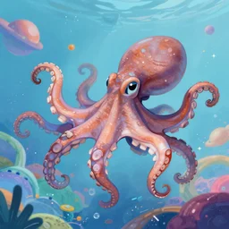 a digital painting of an octopus!!!!!! floating in a bright colorful space ocean surrounded by roses!!!!!!, cel shaded illustration, sharp focus, retro futuristic, 8 k, highly detailed, lovecraftian by skottie young