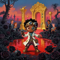 wide angle dynamic portrait of a chibbi african steampunk scientist in a black rose garden with a red pond and a golden ornate steampunk portal, by mark ryden and todd schorr and mark davis and thomas kinkade in a surreal lowbrow style, digital paint, matte paint, vivid synthwave colors, breathtaking landsape