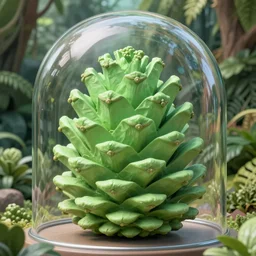 matte painting of the last ever oversized light green pinecone, big, in frame, in focus. found in a glass dome in an abandoned jungle temple. detailed concept art by stephan martiniere, hayao miyazaki. volumetric lighting, god rays, atmospheric, mysterious, sense of awe. trending on behance