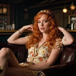Christina Hendricks as a 1960s flower power hippy relaxing in a smokey dark bar, elegant, highly detailed, depth of field, Artstation, Artgerm, Donato Giancola and Joseph Christian Leyendecker