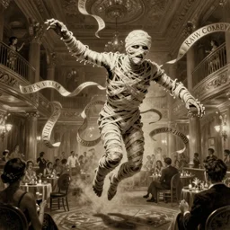 photorealistic sepia painting of an undead flying mummy, in a 1 9 2 0 s hotel ballroom, with ribbons with nabeatean writing floating around it, by richard corben, atmospheric lighting, brooding, painted, intricate, ultra detailed, well composed, best on artstation, cgsociety, epic, horror, stunning, gorgeous, intricate detail, much wow, masterpiece, cinematic aesthetic octane render, 8 k hd resolution,
