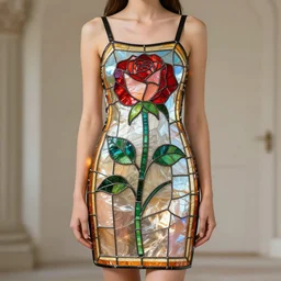 a dress made from stained glass in the design of a rose, worn by a model