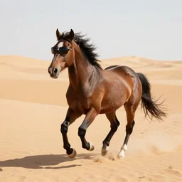 a horse with sunglasses runs in the desert