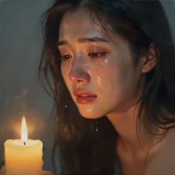 woman crying with water on her face, personal painting, light coming from a candle