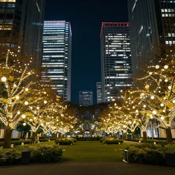 park in tokyo in between skyscrapers, night time, lit with globe lights