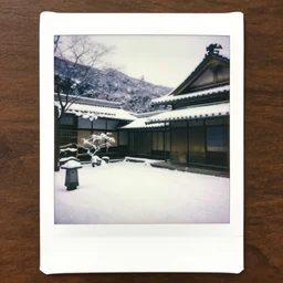 atmospheric polaroid photograph of snowy japanese courtyard