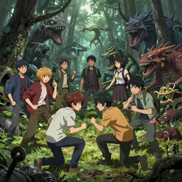 a group of friends find themselves in a strange world where they have to fight to survive against creatures that want to eat them, concept art in a graphic novel style, anime style, anime key visual poster