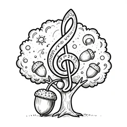 a line art of an acorn that turns into a tree in the shape of a treble clef with a fun and funky pattern, breaking the mold