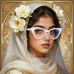 young hyderabadi muslim female with gorgeous flowers in her hair and cateye glasses, holographic white plastic and fin, fantasy, intricate, elegant, highly detailed, realistic, photorealistic, digital painting, artstation, illustration, smooth, clear focus, works by scott davidson, albert auble, krentz kushart, artem demura, alphonse mucha, trending on artstation, digital art, 4 k resolution, detail, high quality, clear focus, headquarters design, clear, crazy detail, concept art