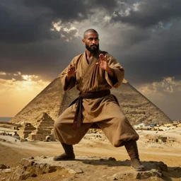 a close portrait of a charismatic egyptian / arabic style kung fu - monk on top of a pyramid overlooking the ancient monumental egyptian city, heavy clouds and setting sun, cinematic dark, dramatic mood, masterpiece by norman rockwell