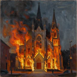 A painting of a church on fire by George Condo