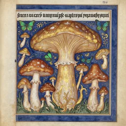 medieval illuminated sacred text in the style of persian miniature painting by Kamāl al-Dīn Bihzād, painting of mushrooms and mycelium with gold leaf and green and blue butterflies