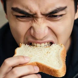 closeup headshot photo of the person who hates bread and is eating bread angrily, extreme details, bird's eye view, Nikon D850, f/3.5, ISO 100