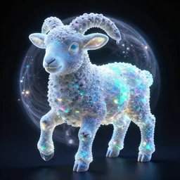 a crystalline 3 d mandelbulb fractal in the shape of a lamb, bioluminescent opal, fractal, magnificent lighting, ethereal, ray tracing, octane, holographic, portrait