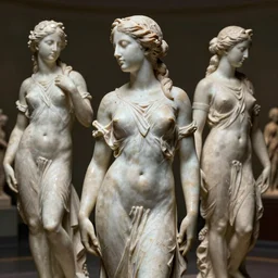detailed photo of beautiful woman statue, various poses, photorealism, intricate detail, a few light reflexions, museum diffuse lighting