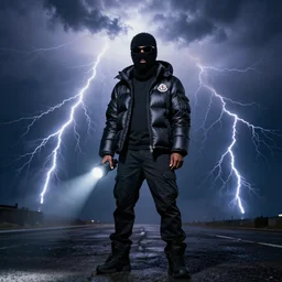 photography of a man full body in the camera named yeat wearing a black fuzzy skimask with black sunglasses on, wearing an obsidian black moncler × ding yun zhang, maximum detail, quality, high quality, flashlight on camera, noise, wide lens, huge atmosphere, insane lightning, global illumination, post - processed, unreal visuals, unreal visualizer, otherworldy color corrections