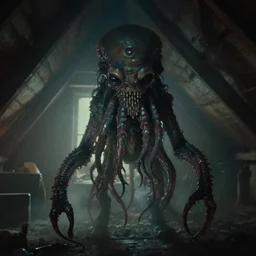 film still from the pans labyrinth, a closeup of a cthulhu kraken malignant mist antique doll entity in the attic of an old abandoned house, guillermo del toro, cinematic, pov, horror vibes,