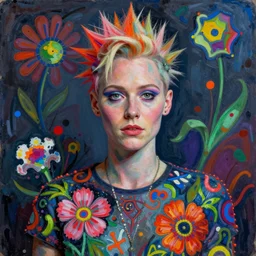 a realistic octane render physically based rendering punk neon tilda swinton, trending on artstation, by archan nair and marlene dumas, intricate details, flowers, in the style of frank auerbach, in the style of martin ansin, in the style of david aja, by kandinsky